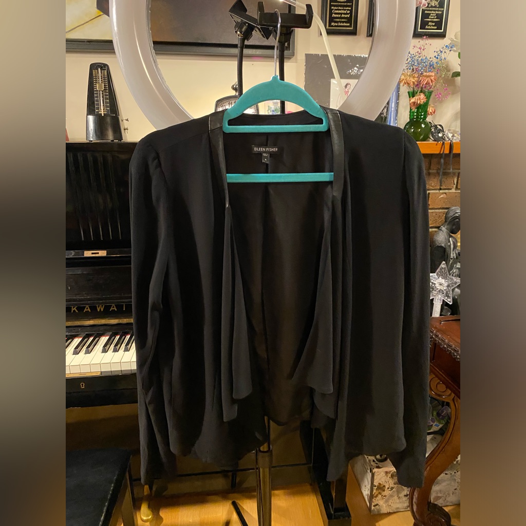 Eileen Fisher 100% Silk Jacket With Leather Trim